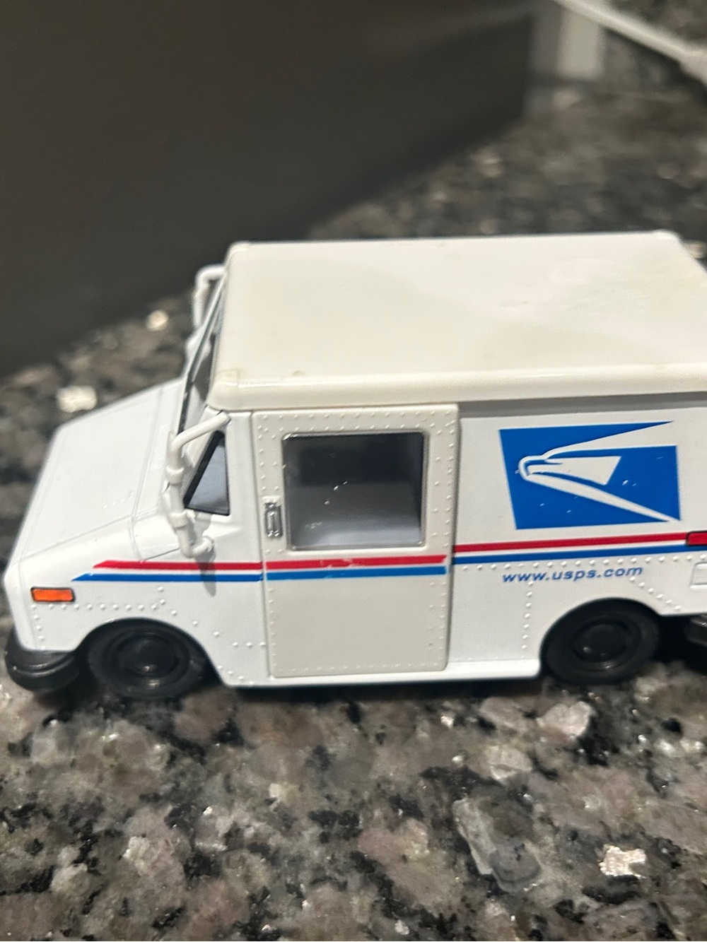USPS White Mail Truck Toy with Blue & Red Details pull back action working doors